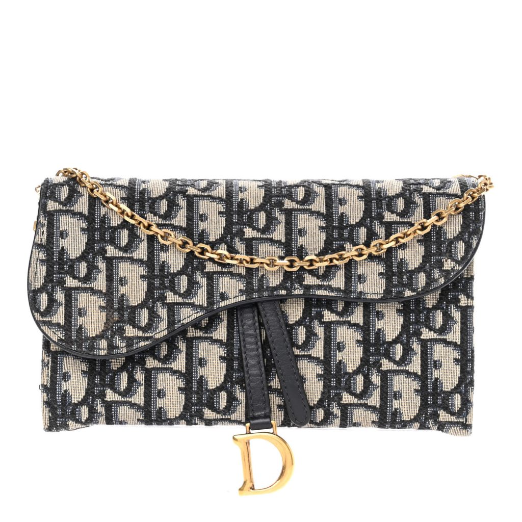 Dior Blue Oblique Jacquard Small Saddle Pouch With Chain