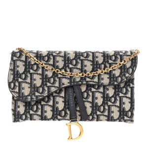 Dior Blue Oblique Jacquard Small Saddle Pouch With Chain