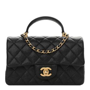 Chanel Black Quilted Caviar Mini Flap Bag With Top Handle Aged Gold Hardware