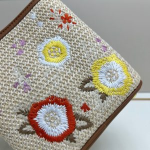 Prada Embroidered Floral Raffia Shoulder Bag In Brown