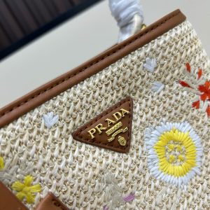 Prada Embroidered Floral Raffia Shoulder Bag In Brown