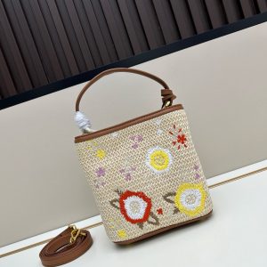 Prada Embroidered Floral Raffia Shoulder Bag In Brown