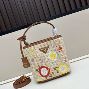 Prada Embroidered Floral Raffia Shoulder Bag In Brown