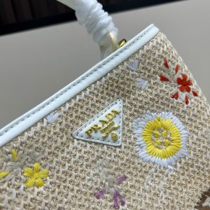 Prada Embroidered Floral Raffia Shoulder Bag In White