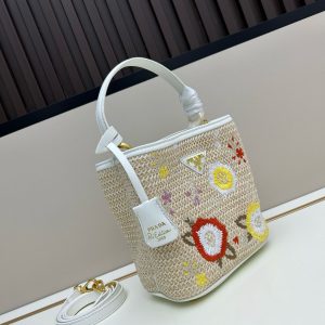 Prada Embroidered Floral Raffia Shoulder Bag In White