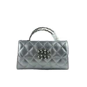 Chanel 23P Clutch With Chain Bag With Top Handle Silver 19Cm