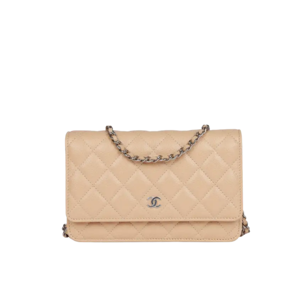 Chanel Beige Quilted Caviar Wallet On Chain With Silver Hardware