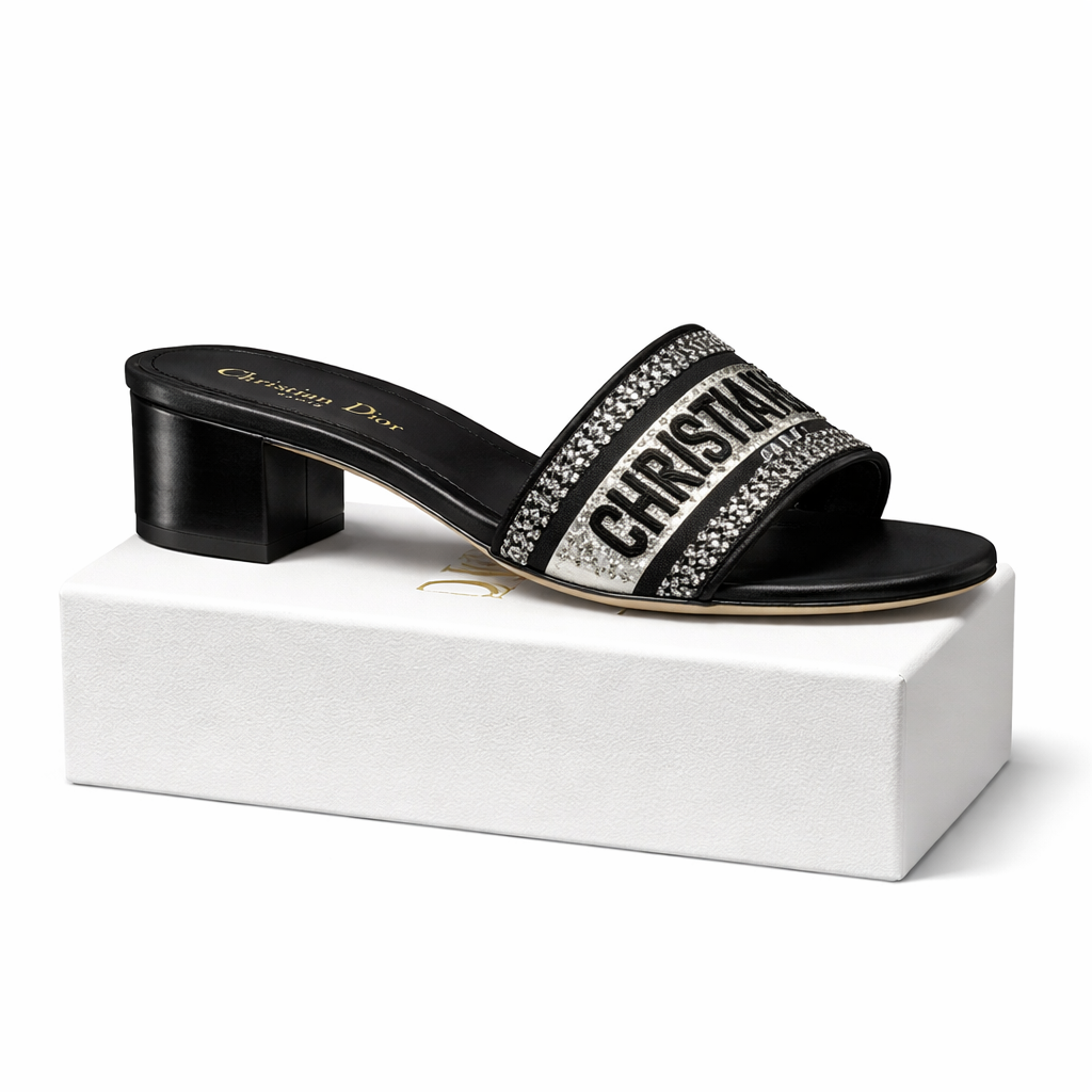 Dior Dway Heeled Slide Embroided Cotton Black