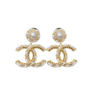Chanel White Leather And Gold Metal Earrings