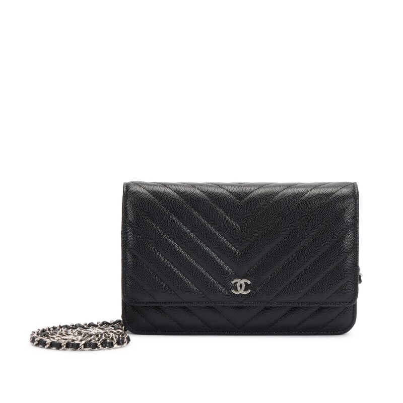 Chanel Black Caviar Chevron Wallet On Chain With Silver Hardware