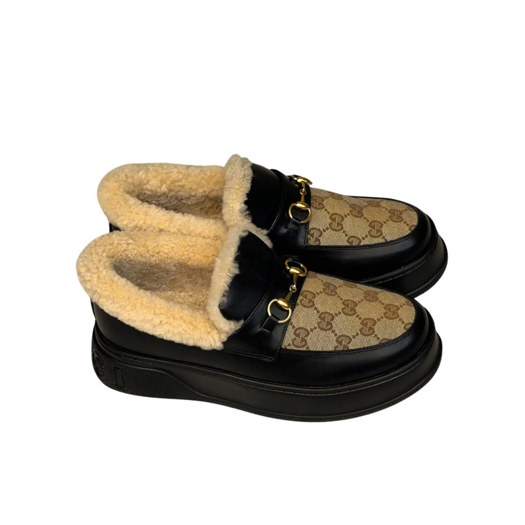 Gucci Fleece Collar Loafers Gg Beige And Black Leather