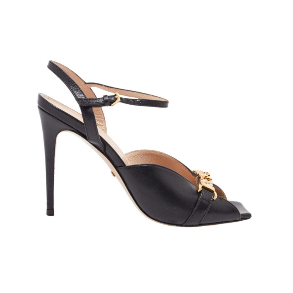 Gucci Metal Chain Stiletto Heels Flip Flop Fish Mouth Sandals Black