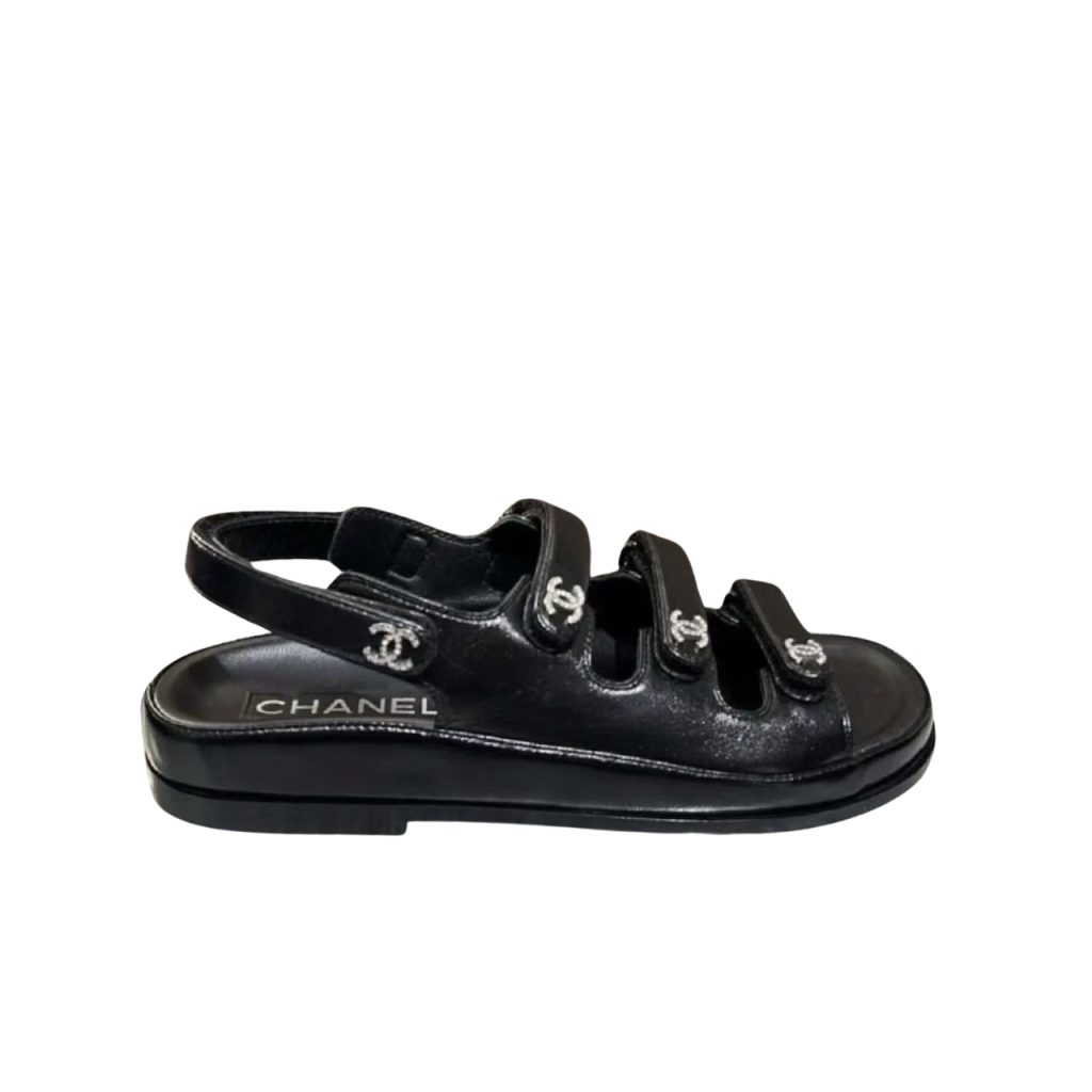Chanel Black Leather Interlocking CC Logo Sandals