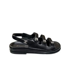 Chanel Black Leather Interlocking CC Logo Sandals