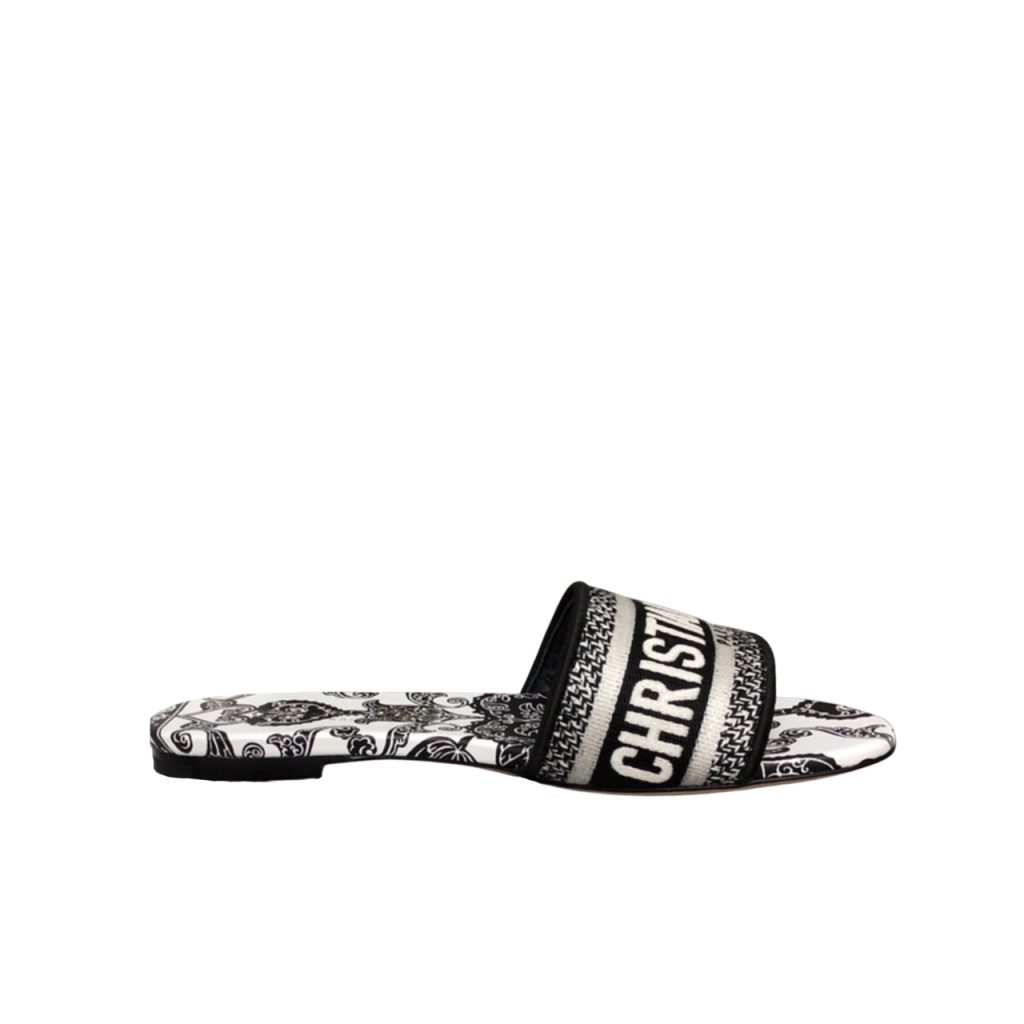 Dior Dway Slide Black And White Cotton With Dior Bandana Embroidery