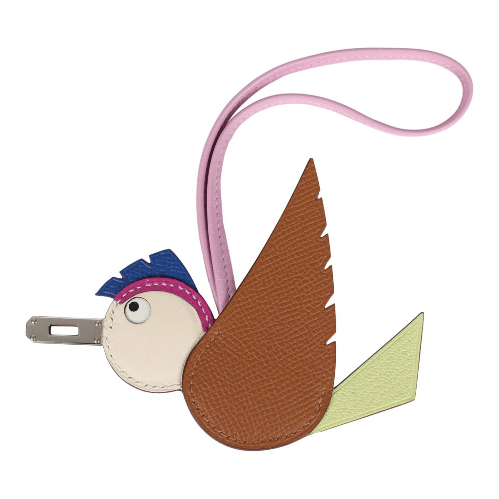 Hermes Birdy Charm Gold, Jaune Bourgeon, Craie, Magnolia, Bleu France Epsom, Chevre & Swift Palladium Hardware