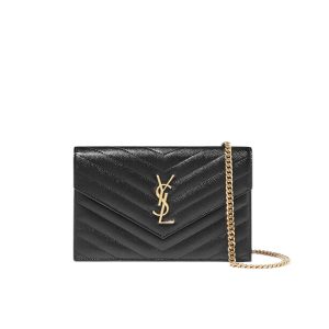 Saint Laurent Cassandre Matelasse Chain Wallet In Grain De Poudre Embossed Black Gold 22Cm 377828Bow011000