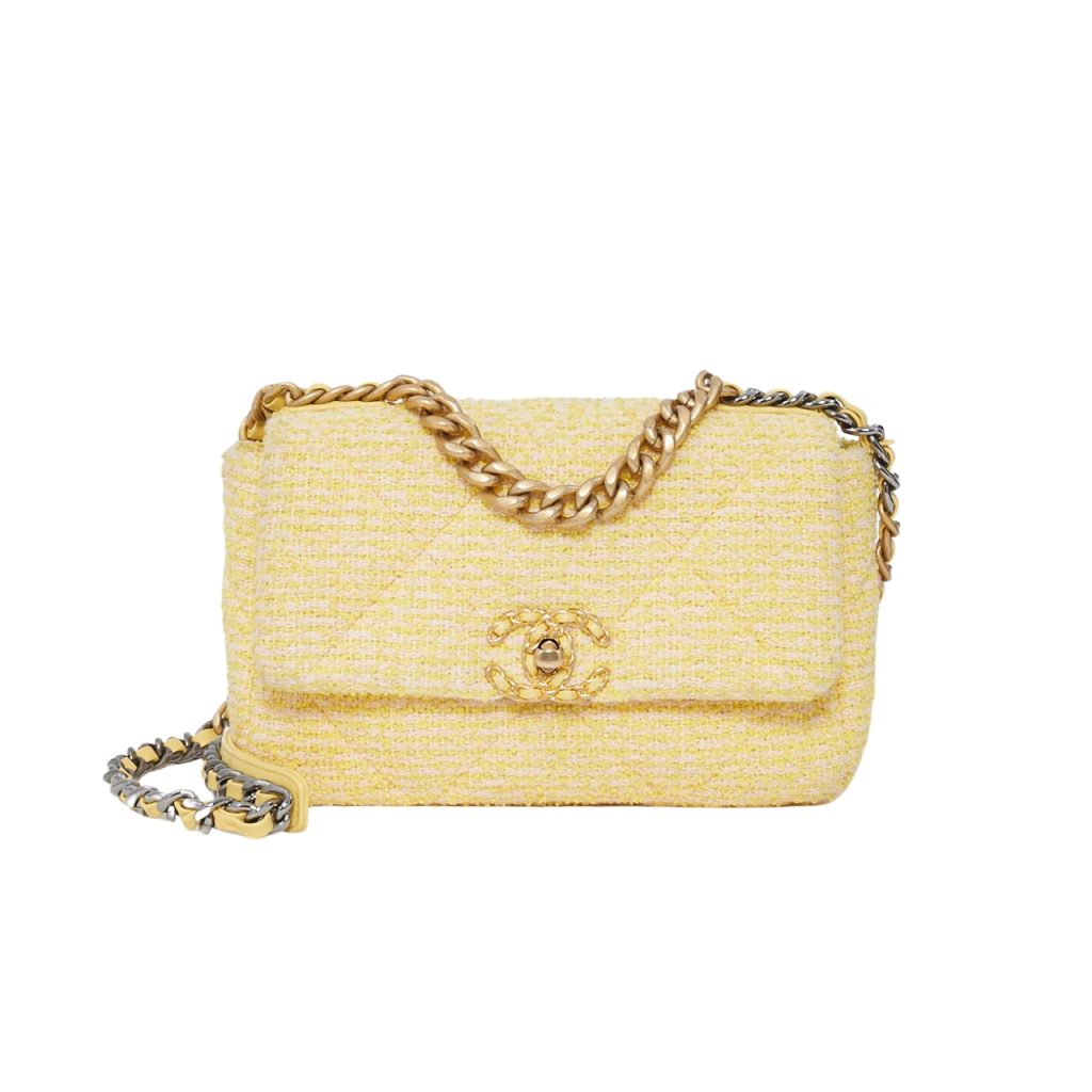 Chanel 19 Flap Bag Quilted Tweed Yellow 26Cm