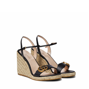 Gucci Leather Wedge Espadrille Sandals Black 8Cm