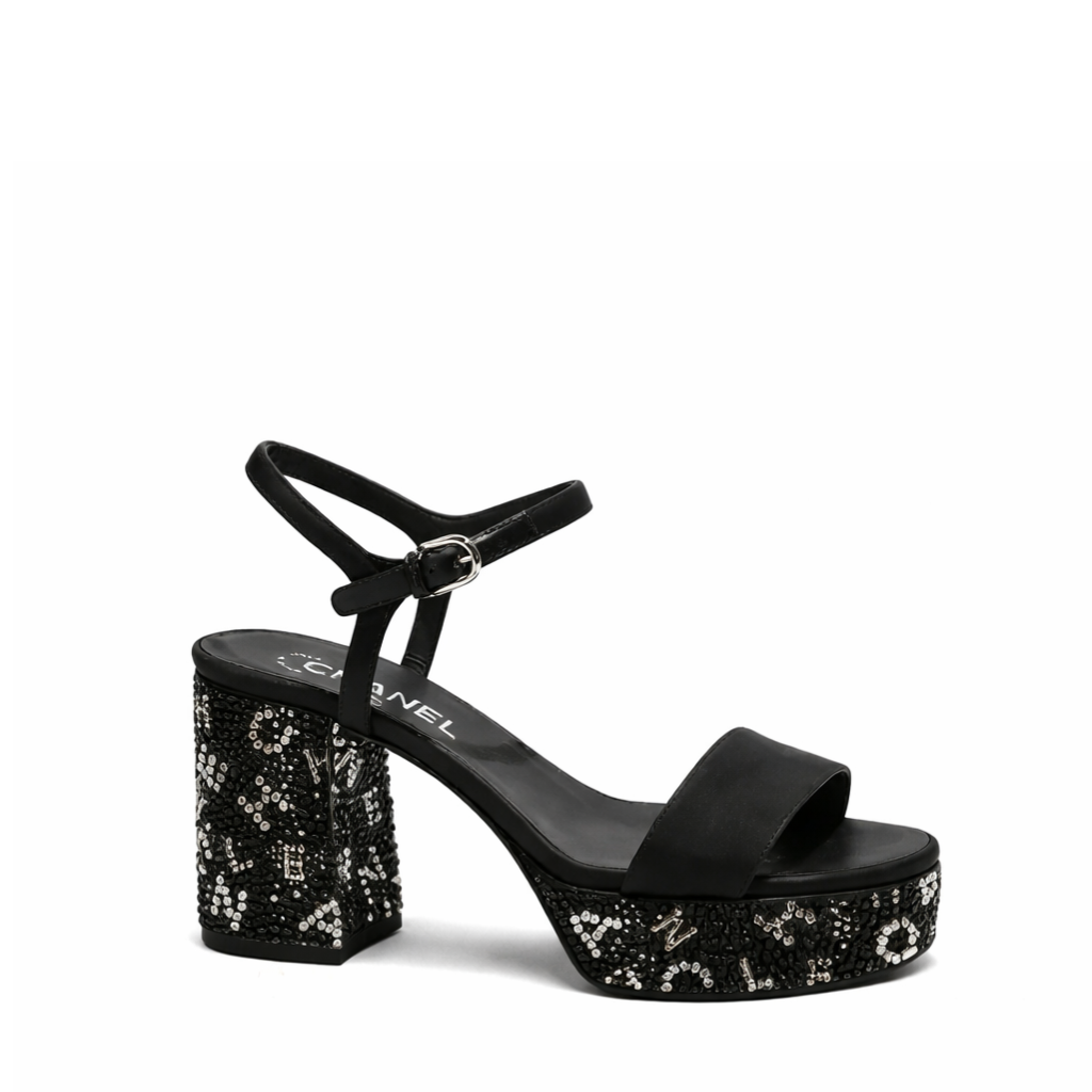 Chanel Sandal Pump Stone Beads Black Silver G45365 B15306 Nu665