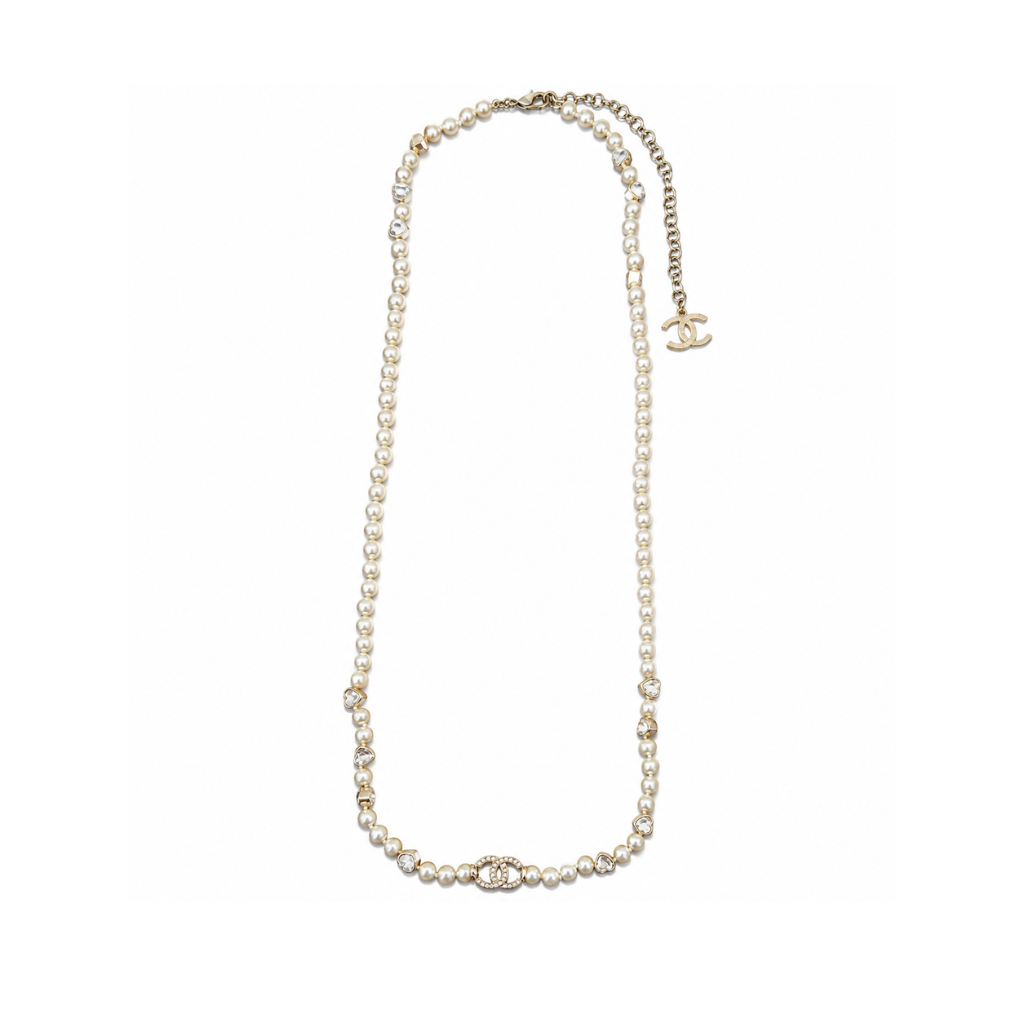 Chanel CC Strass And Heart Motif Pearl Sautoir Necklace – Light Gold-Tone