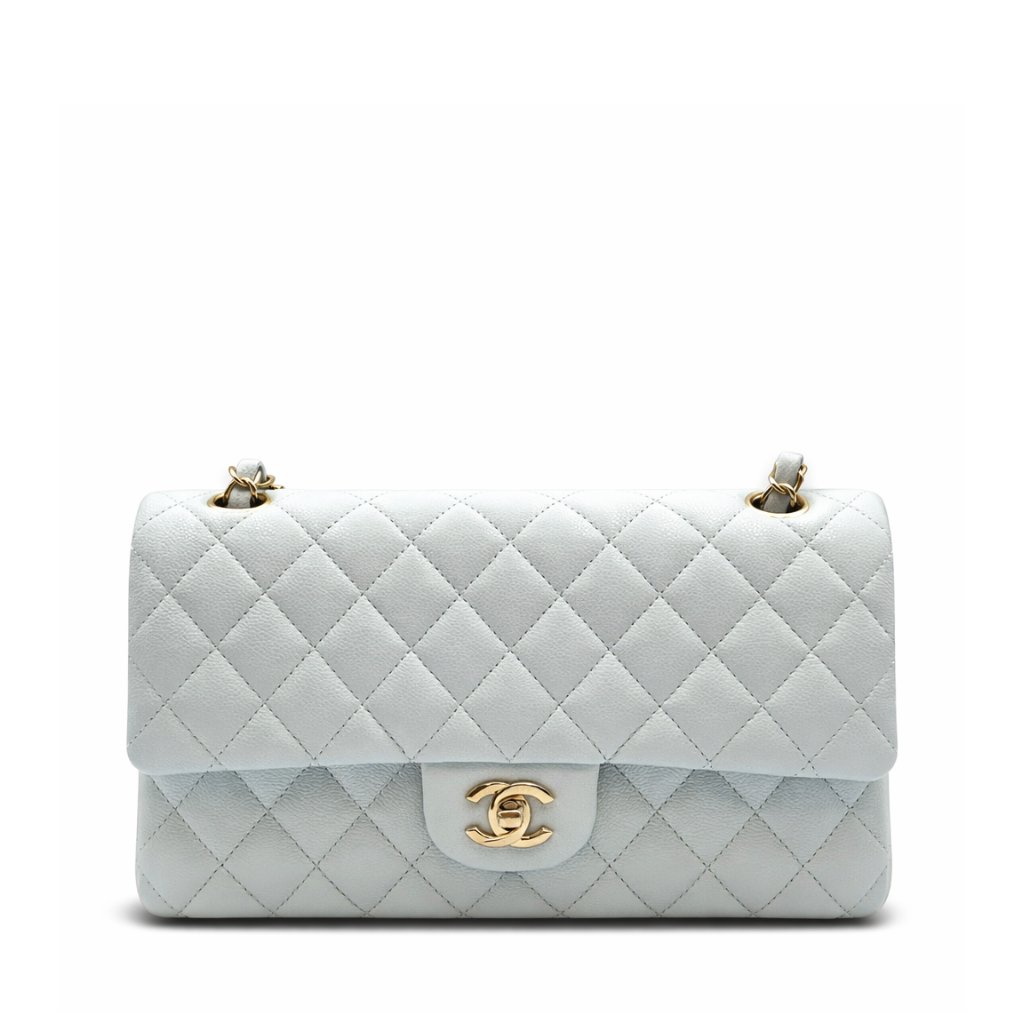 Chanel Medium Classic Double Flap Bag Blue Quilted Caviar Light Gold Hardware