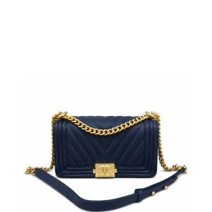 Chanel Medium Boy Bag Navy Chevron Caviar Gold Hardware