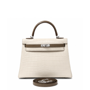 Hermès Kelly 28 Sellier Gris Perle & Gris Asphalte Matte Alligator Palladium Hardware