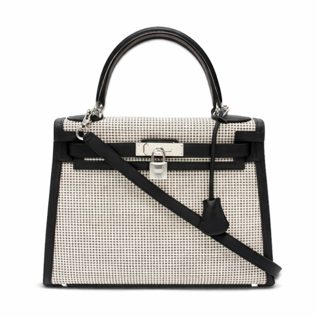 Hermès Kelly 25 Quadrille Canvas And Noir Swift Palladium Hardware