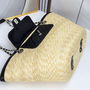 Chanel Large Shopping Tote Bag Beige Raffia and Black Lambskin Light Gold Hardware
