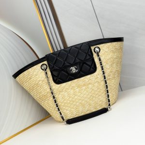 Chanel Large Shopping Tote Bag Beige Raffia and Black Lambskin Light Gold Hardware