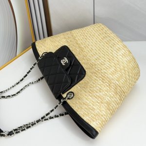 Chanel Large Shopping Tote Bag Beige Raffia and Black Lambskin Light Gold Hardware