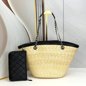 Chanel Large Shopping Tote Bag Beige Raffia and Black Lambskin Light Gold Hardware