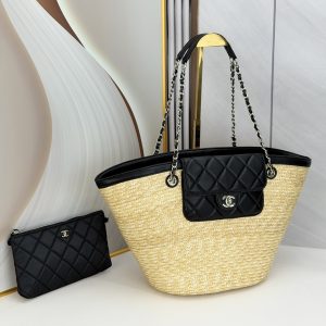 Chanel Large Shopping Tote Bag Beige Raffia and Black Lambskin Light Gold Hardware