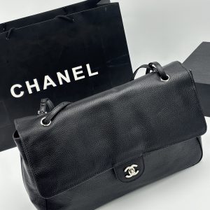 Chanel Maxi “Souplissimo” Large Flap Bag Black Caviar Silver Hardware