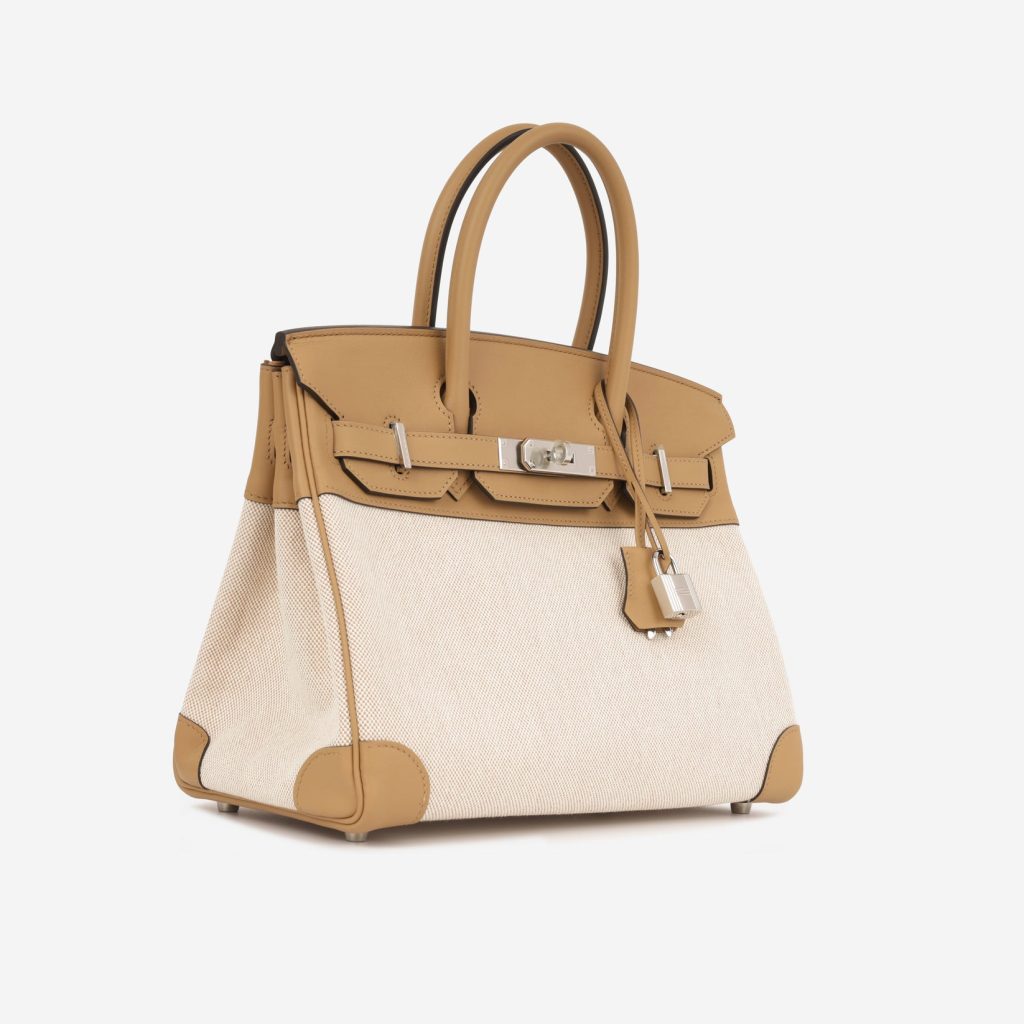 Hermès Birkin 25 Biscuit Swift and Ecru Toile Palladium Hardware