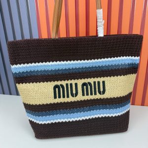 Miu Miu Raffia Effect Crochet Large Woven Tote Cocoa Brown Celeste Natural
