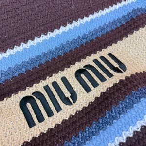 Miu Miu Raffia Effect Crochet Large Woven Tote Cocoa Brown Celeste Natural