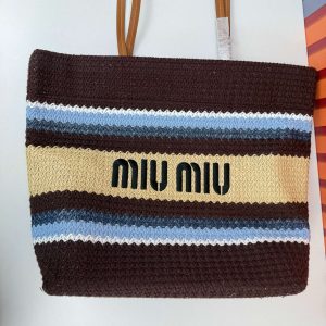 Miu Miu Raffia Effect Crochet Large Woven Tote Cocoa Brown Celeste Natural