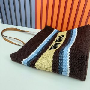 Miu Miu Raffia Effect Crochet Large Woven Tote Cocoa Brown Celeste Natural