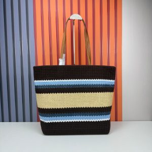 Miu Miu Raffia Effect Crochet Large Woven Tote Cocoa Brown Celeste Natural