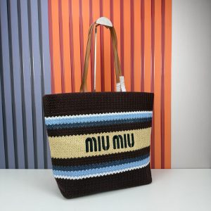 Miu Miu Raffia Effect Crochet Large Woven Tote Cocoa Brown Celeste Natural